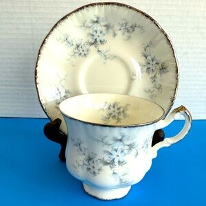 Vintage Paragon Teacup + Saucer in “Brides Choice” White Blue Floral Silver Trim